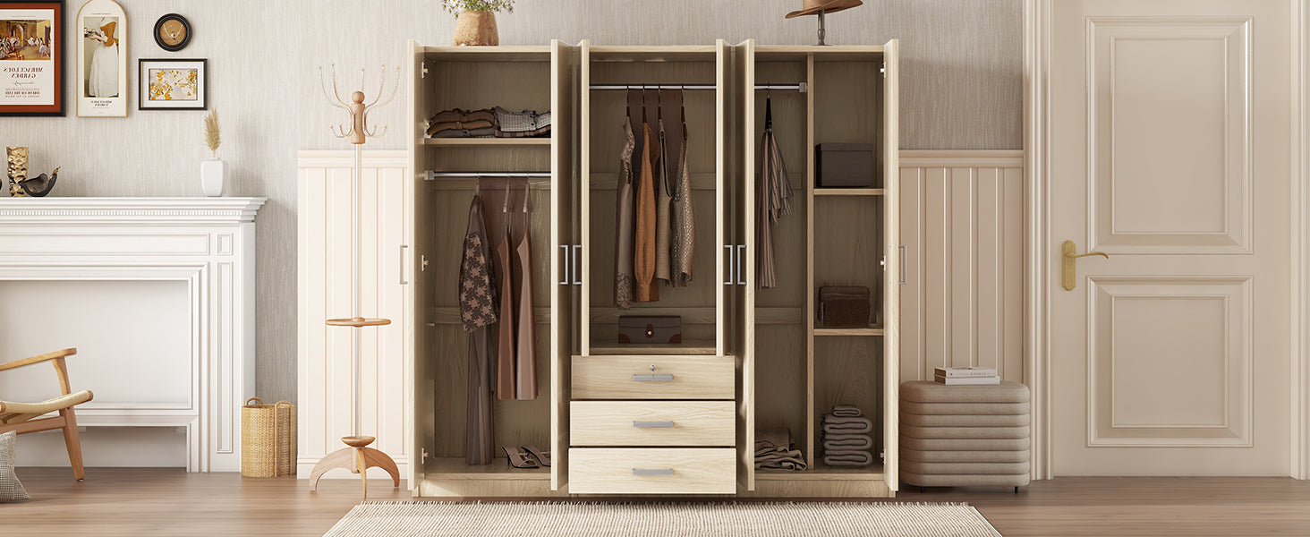 6-Doors Wooden Wardrobe Storage for Bedroom, with Big Drawers, Gray