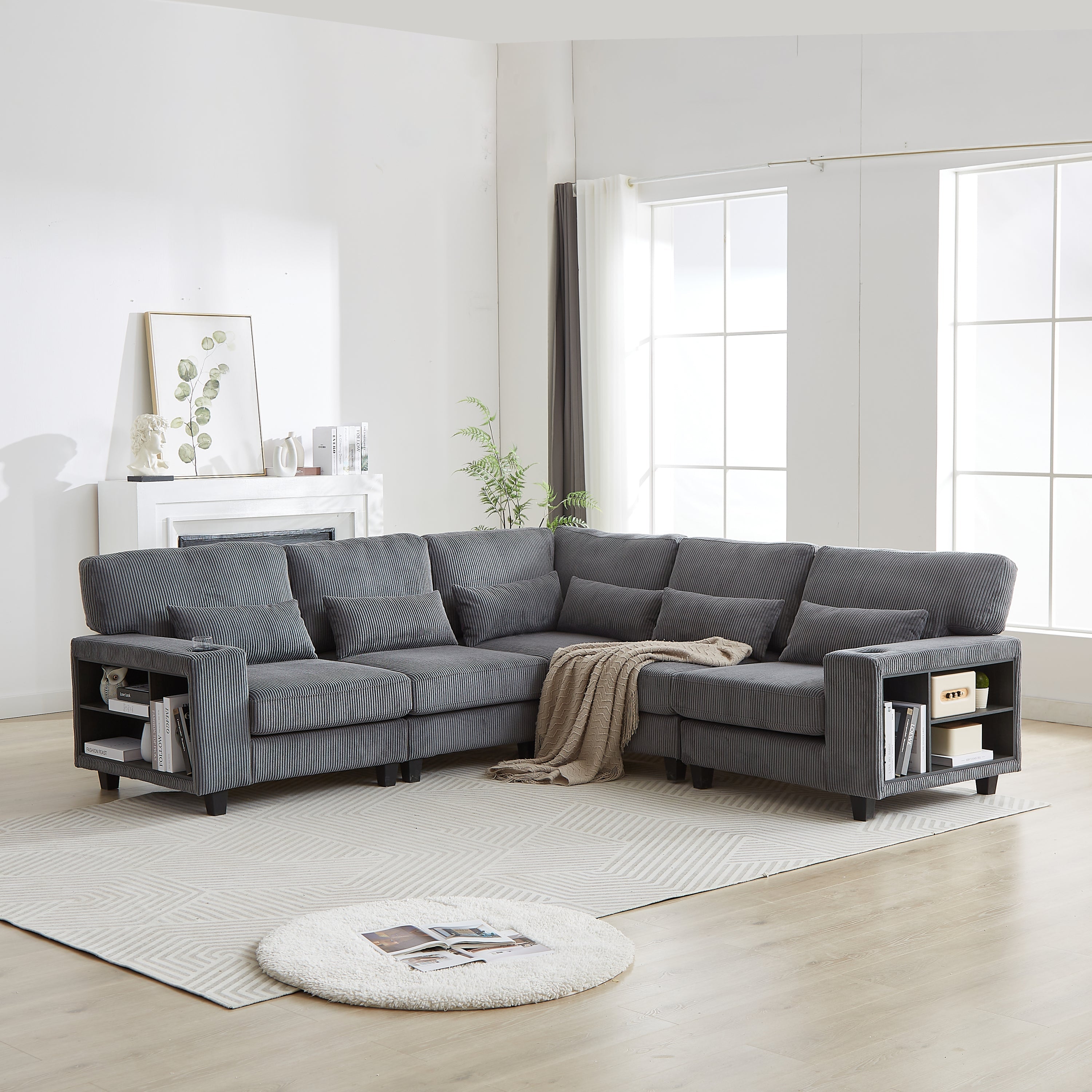 102.75*102.75' L-Shaped Modular Sectional Sofa, Modern Corduroy Sectional Sofa, Arm with Storage With Cup Holder 5-Seat Convertible Sectional Sofa for Living Room, Bedroom, Lounge and Projection Room