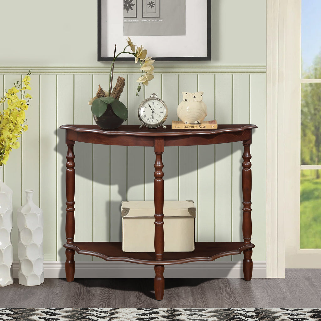 42'' Retro Circular Curved Half-Moon Console Table with Cloud Design Top and Open Shelf Solid Wood Frame and Legs, Light Espresso