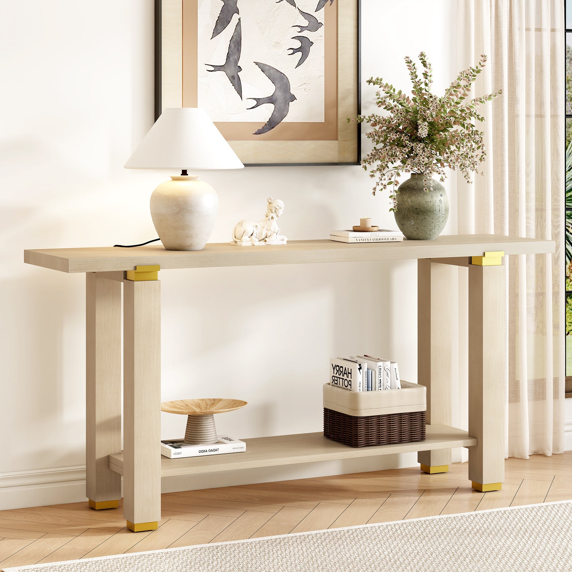 U_Style 62.9' Modern Minimalist Console Table, Solid Wood Entryway Sofa Table with Metal Accents, Built-in Shelf, for Living Room, Hallway (3 Colors: Black, Gray, Natural)