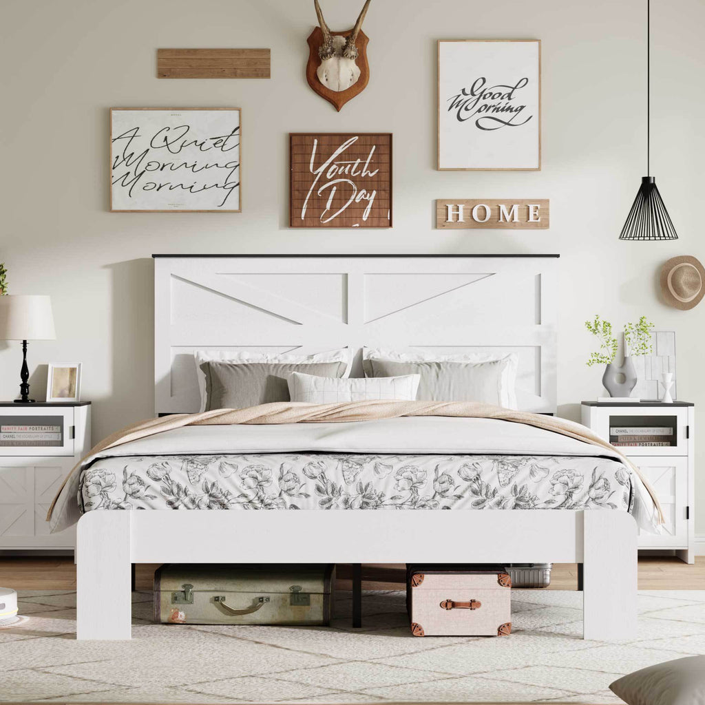 Queen Bed Frame Headboard , Wood Platform Bed Frame , Noise Free,No Box Spring Needed and Easy Assembly Tool,Large Under Bed Storage,White