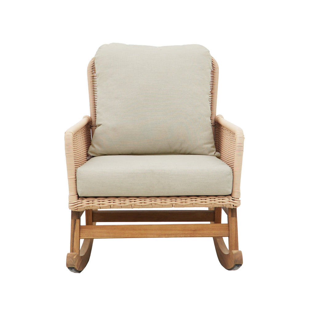 Modern 3-Piece Outdoor Seating Set with Beige Cushioned PE Rattan Rocking Chairs and Wooden Accent Table, Perfect for Patio or Balcony Relaxation