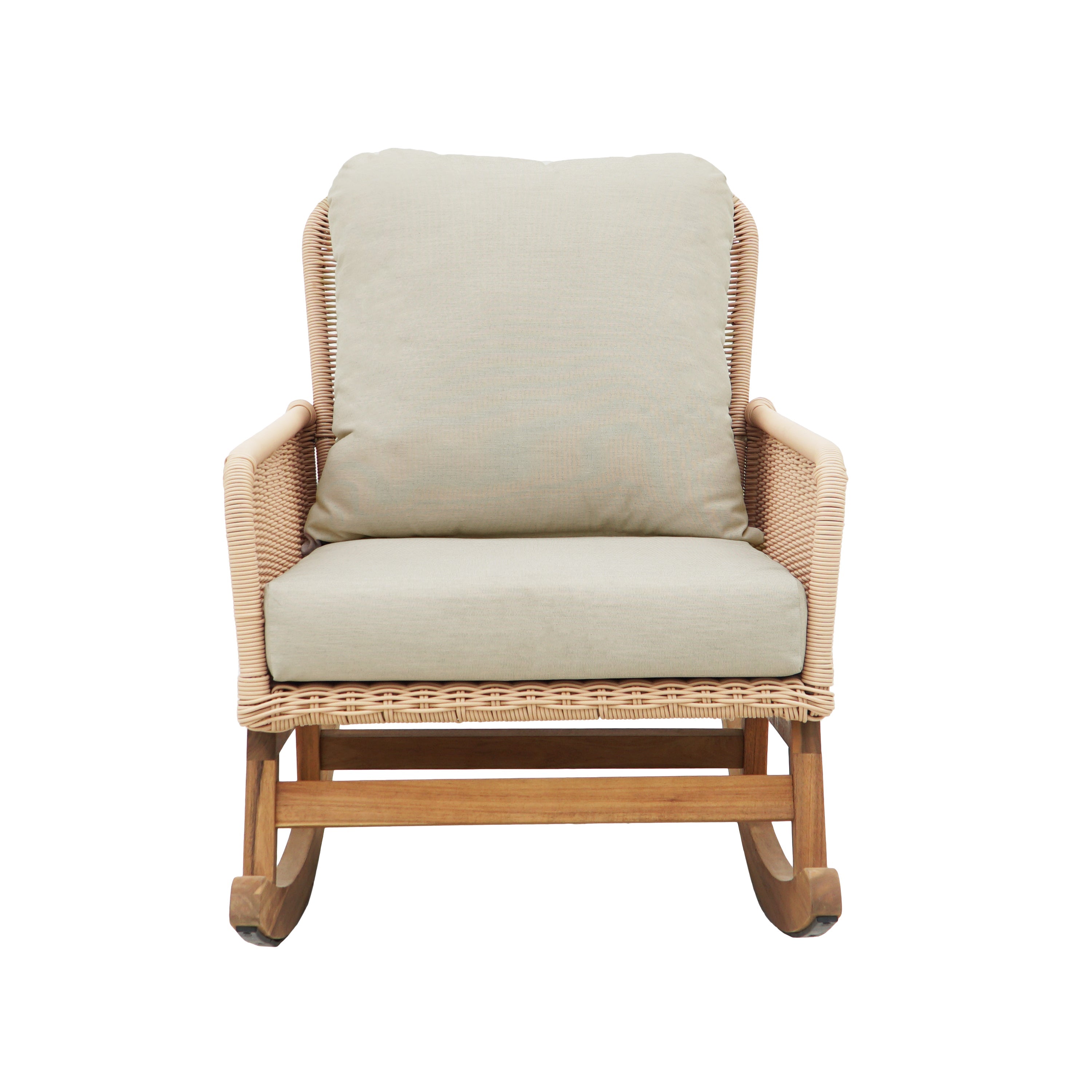 Modern 3-Piece Outdoor Seating Set with Beige Cushioned PE Rattan Rocking Chairs and Wooden Accent Table, Perfect for Patio or Balcony Relaxation