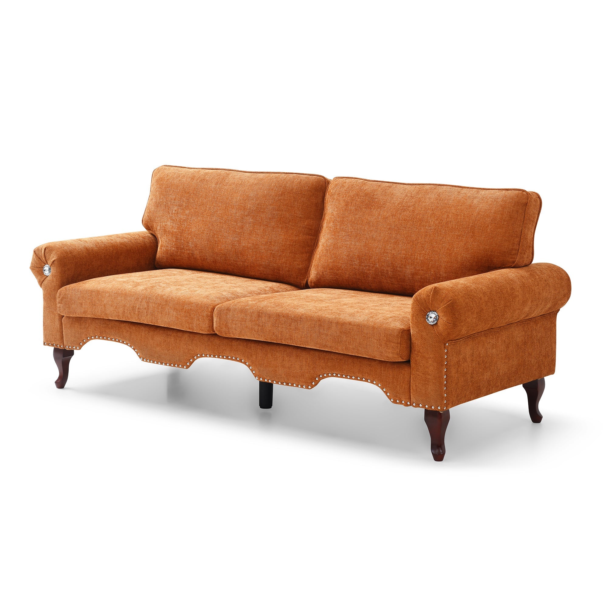 80-Inch Modern Velvet 3 seat Sofa with Wooden Legs & Crystal button and Copper Nail, Tufted Backrest, Perfect for Living Room, Bedroom, or Office (Orange)