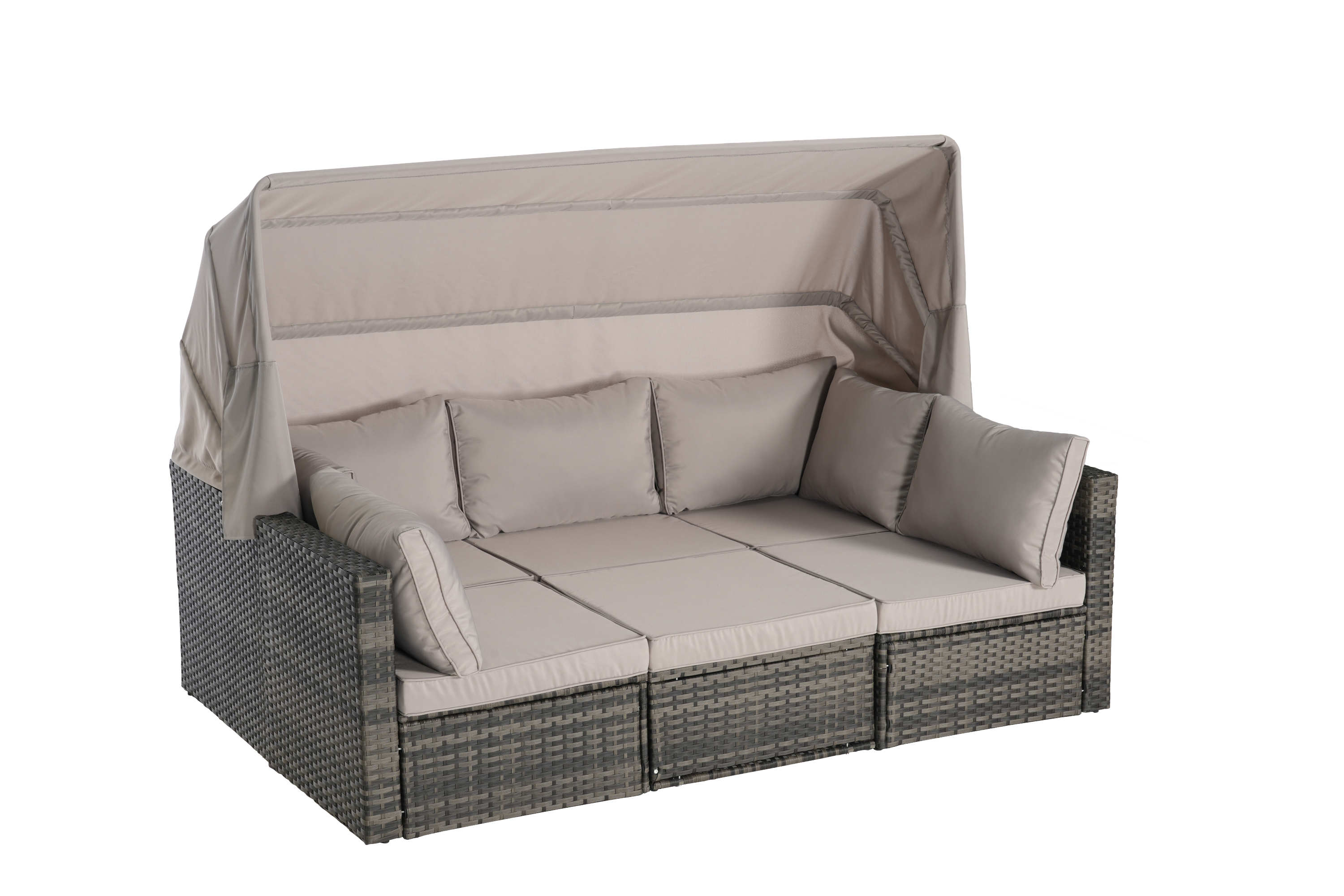 5 Pieces Outdoor Patio Wicker Daybed Furniture Set with Retractable Canopy, Storable Side Table, and Soft Cushions for Relaxing in Your Backyard or Porch