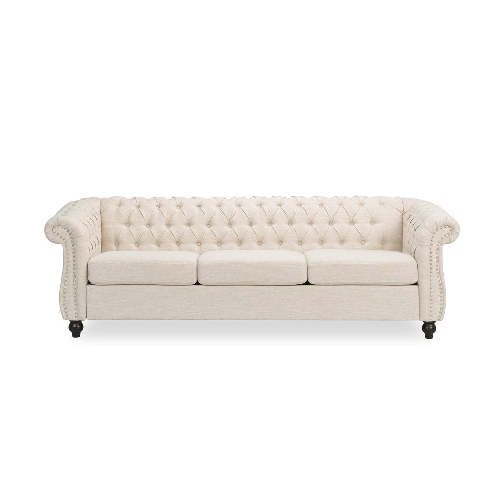 Chesterfield Style 3-Seater Sofa with Deep Button Tufting in Beige Fabric
