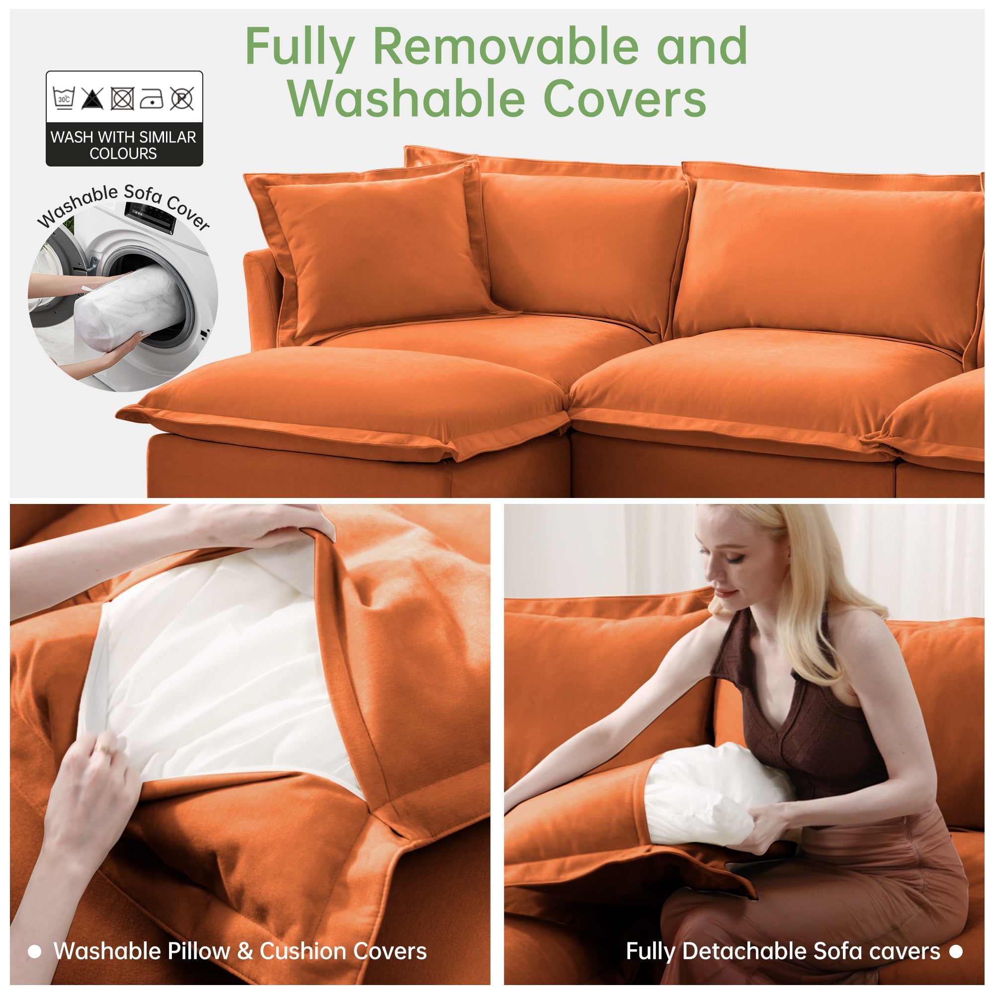 Slipcovered L Shape Sectional Long Sofa Couch, 4 Seater Sofa with Suppleness Armrests, Chenille Deep Seat Sofa with 2 Big Pillows, Comfy Couch for Living Room, Apartment, Chenille Fabric, Orange