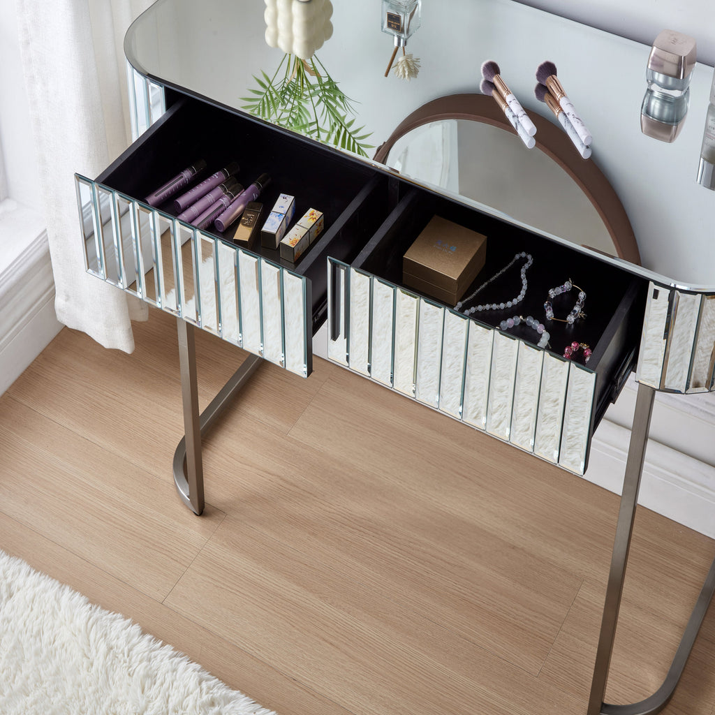39' Mirrored Makeup Vanity Table with Stainless Steel Base, Mirrored Console Dressing Table with 2 Drawers,Versatile Desk for Bedroom and Office, Silver