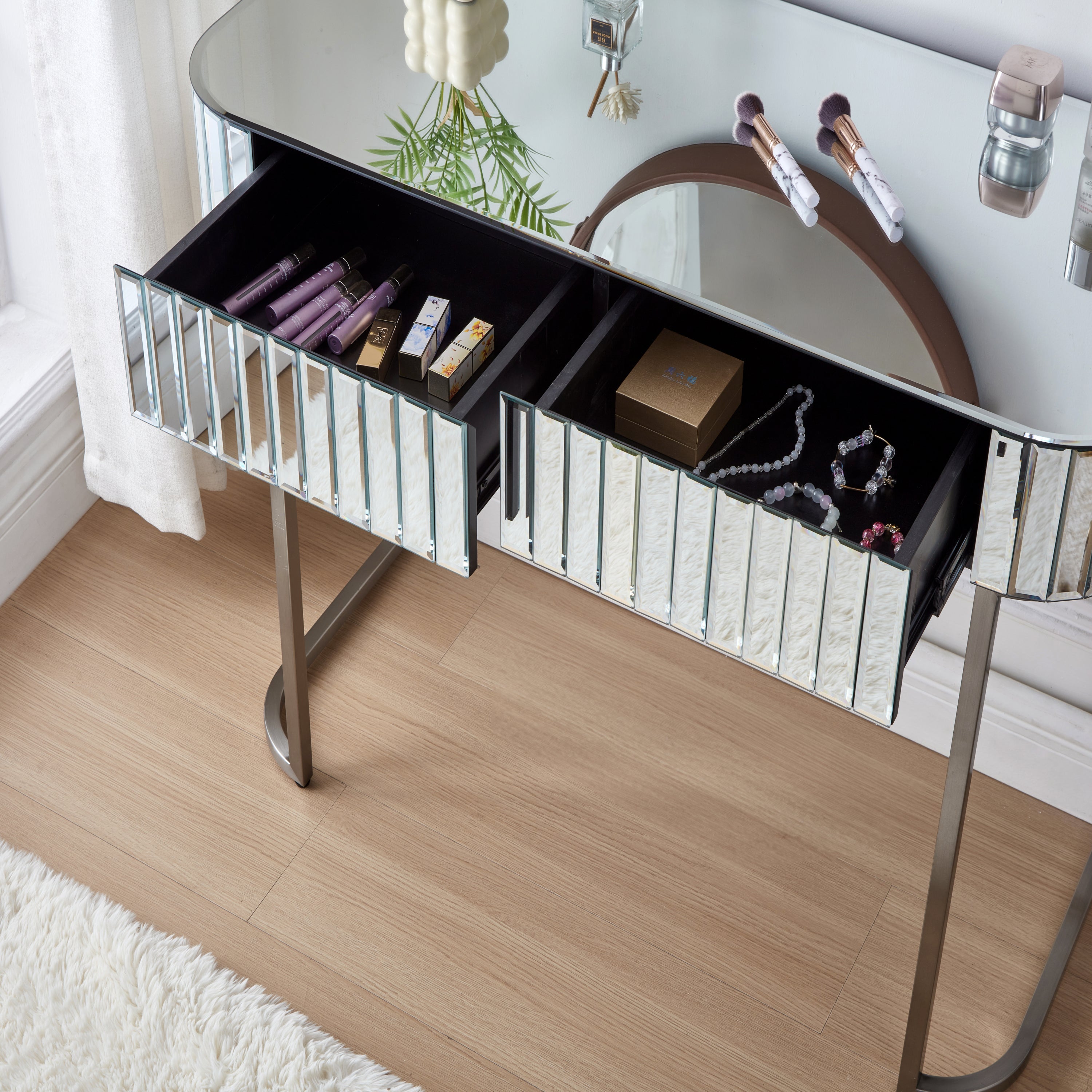 39' Mirrored Makeup Vanity Table with Stainless Steel Base, Mirrored Console Dressing Table with 2 Drawers,Versatile Desk for Bedroom and Office, Silver
