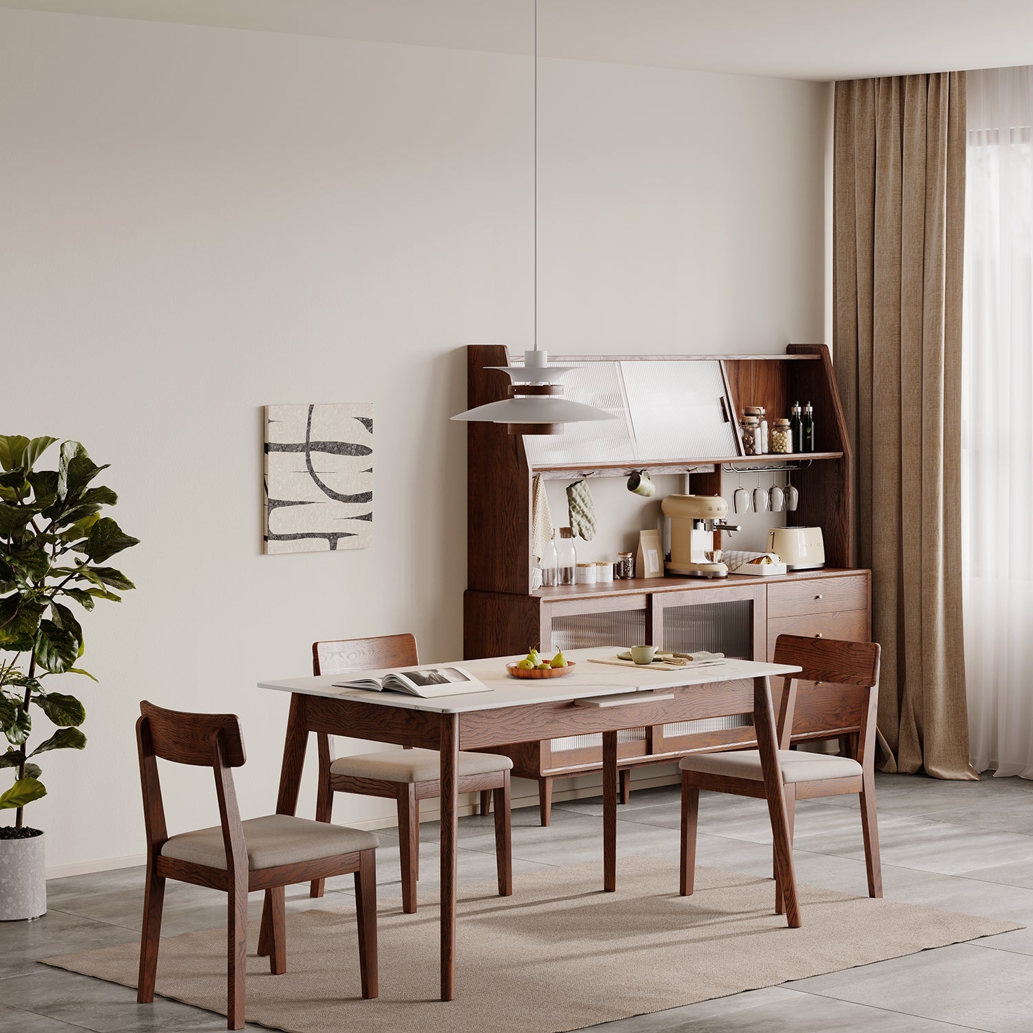 Walnut Solid Oak and White Slate Telescopic Dining Table for 6-8 People, Wood (Walnut Color)
