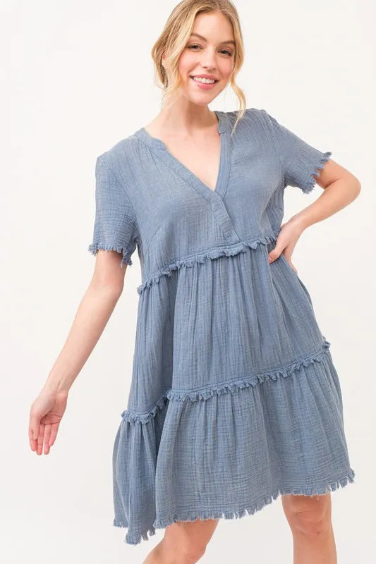 And The Why Washed Frayed Detail Tiered Dress