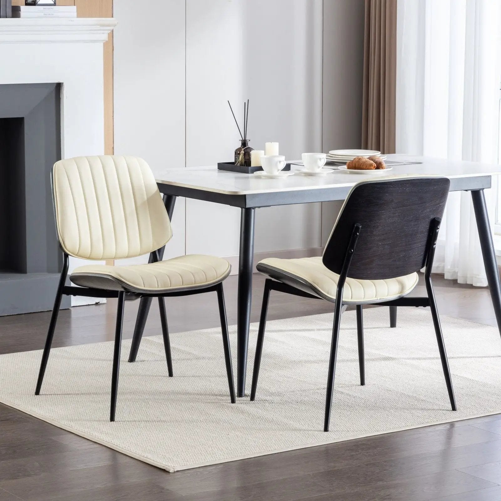 Dining Chairs (Set of 2) Mid-Century Modern Retro Chair With Walnut Bentwood Back Upholstered Seat Metal Legs Adjustable Foot For Kitchen Dining Room Chairs
