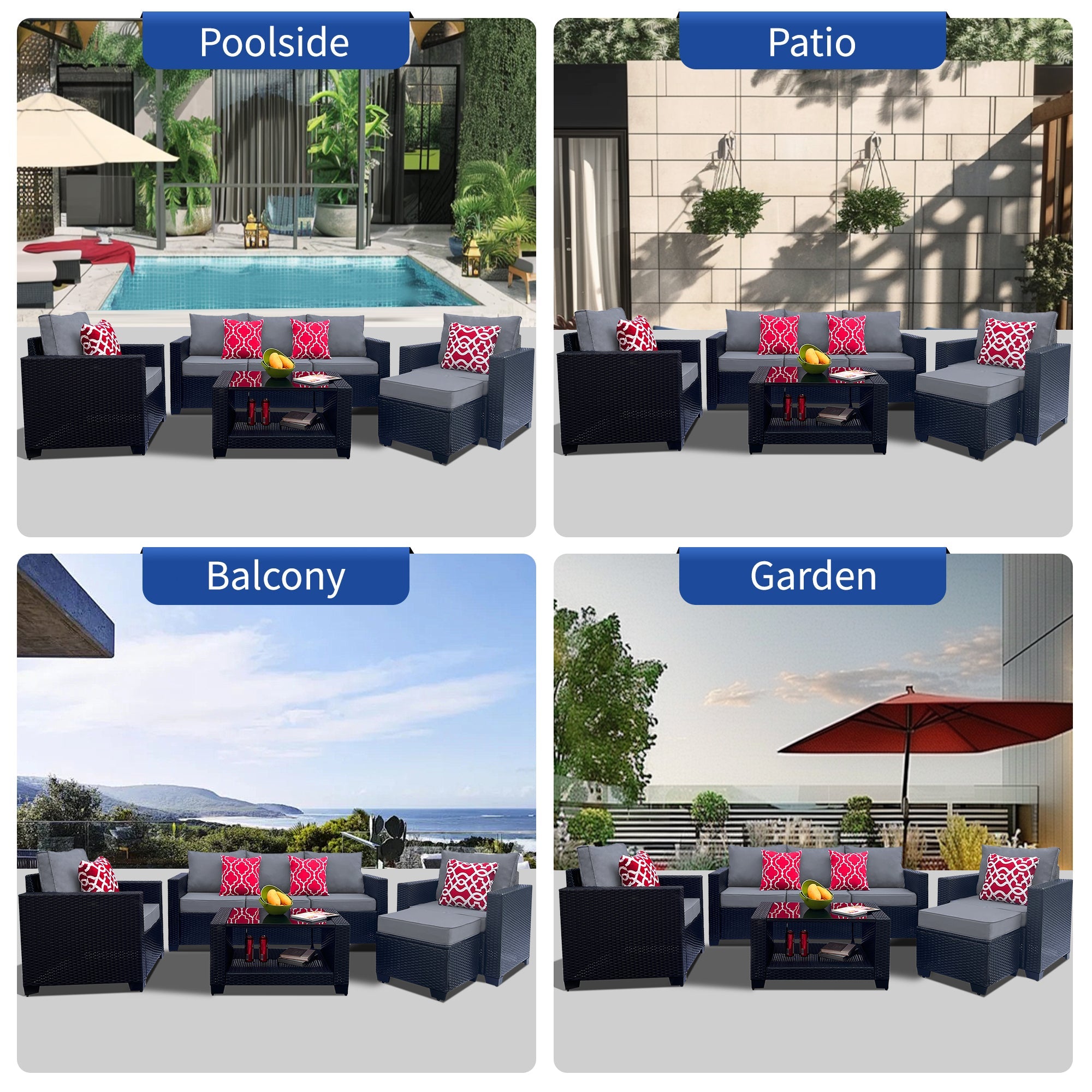 Outdoor Garden Patio Furniture 7-Piece PE Rattan Wicker Cushioned Sofa Sets  and Coffee Table, patio furniture set;outdoor couch;outdoor couch patio furniture;outdoor sofa;patio couch