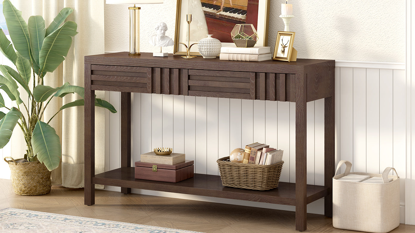 U_STYLE Modern Ash Veneer Console Table, Classic Striped Design, with 2 Drawers & Open Shelf, Perfect for Living Room, Hallway, Entryway, Study Room