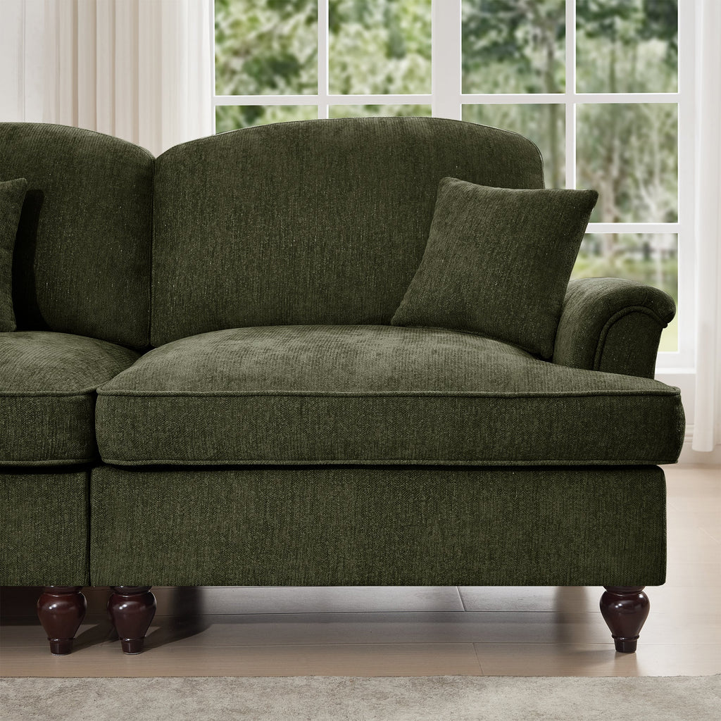 Elegant Mid Century Large 4 Seater Sofa Couch with Flared Arms and Removable Ruffles Pleats Skirts and Spindle Legs, Comfy Chenille Four-Seat Sofa for Living Room, Green