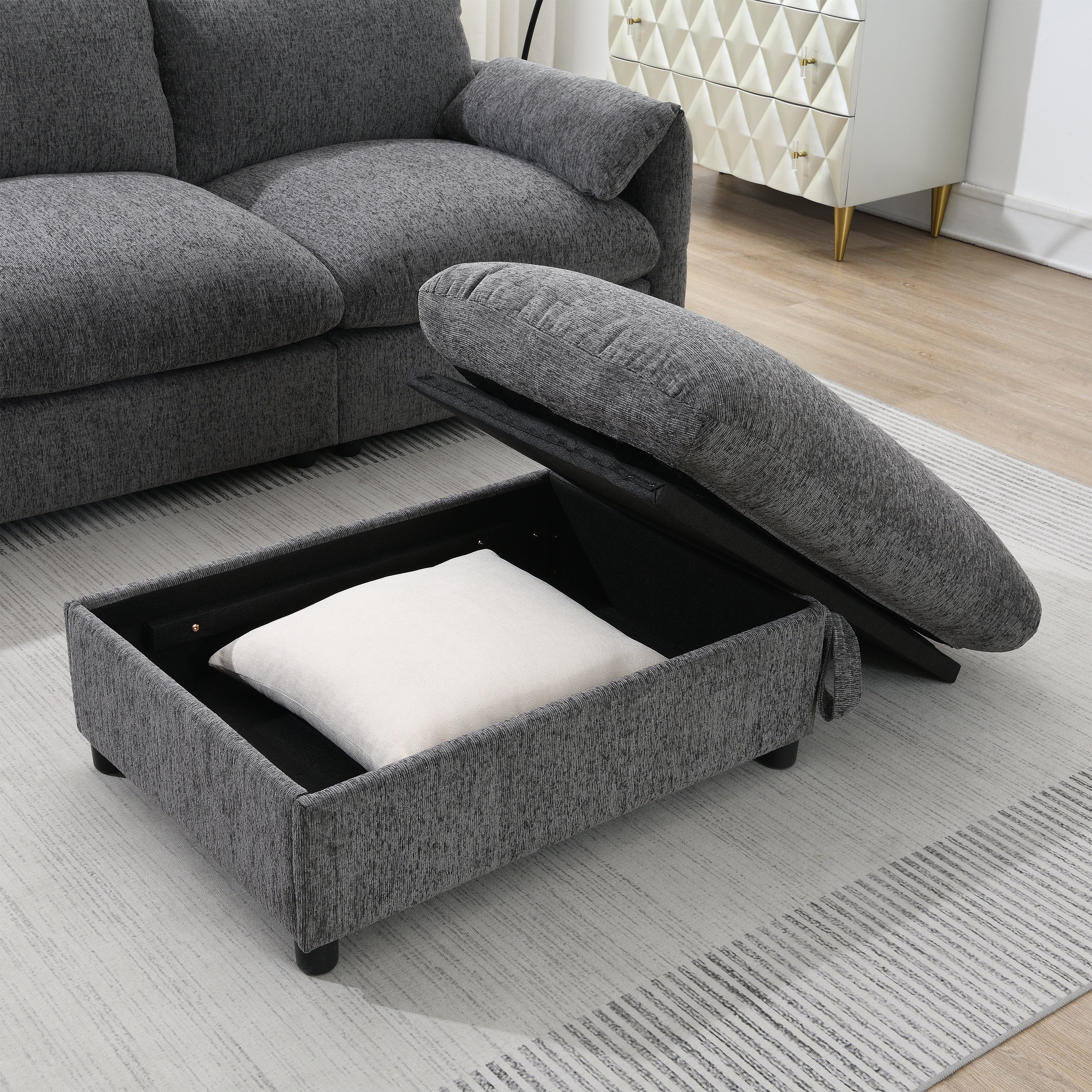 96.5'' Chenille Sectional Sofa with Storage Ottoman and Pockets,Adjustable Phone Holder,Wide Seat,4 Seat L Shaped Couch Set,Comfy Sofa with USB Charger for Living Room,Apartment,3 Colors