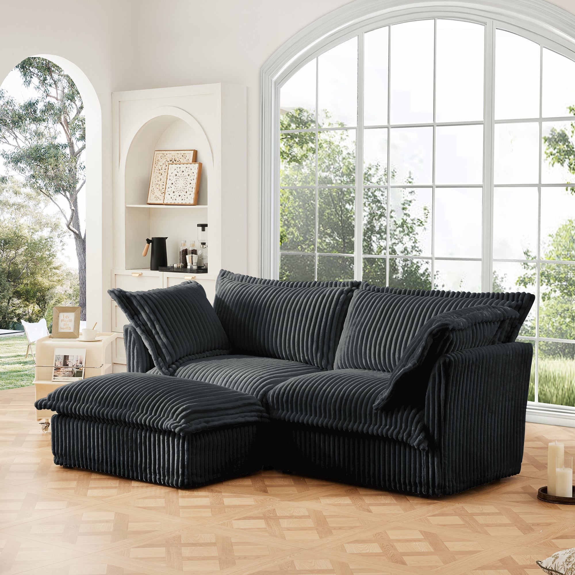 Slipcovered Sectional 2 Seater Sofa Couch with Convertible Ottoman, Wide and Deep Seat L Shaped Sofa with Detachable Cover and Soft Multiple Big Pillows,Gray Corduroy Fabric