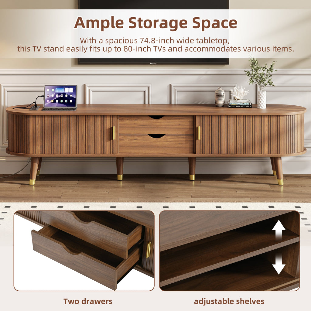 Wooden Farmhouse TV Stand & Coffee Table Set with Charging Station, Oval Fluted Media Console with Sliding Doors for TVs up to 80', Mid-Century Center Table with Solid Wood Legs for Living Room,Walnut