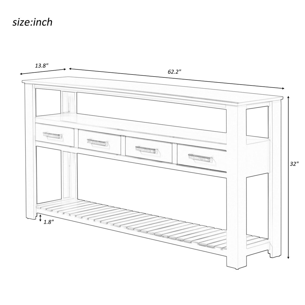 U_STYLE 62.2''Large Entryway Table with 4 Drawers,Painted Console Table with 3-Tier Open Shelves and Metal Handles,Versatile Hallway Sofa Table for Living Room, Bedroom, Foyer and Kitchen