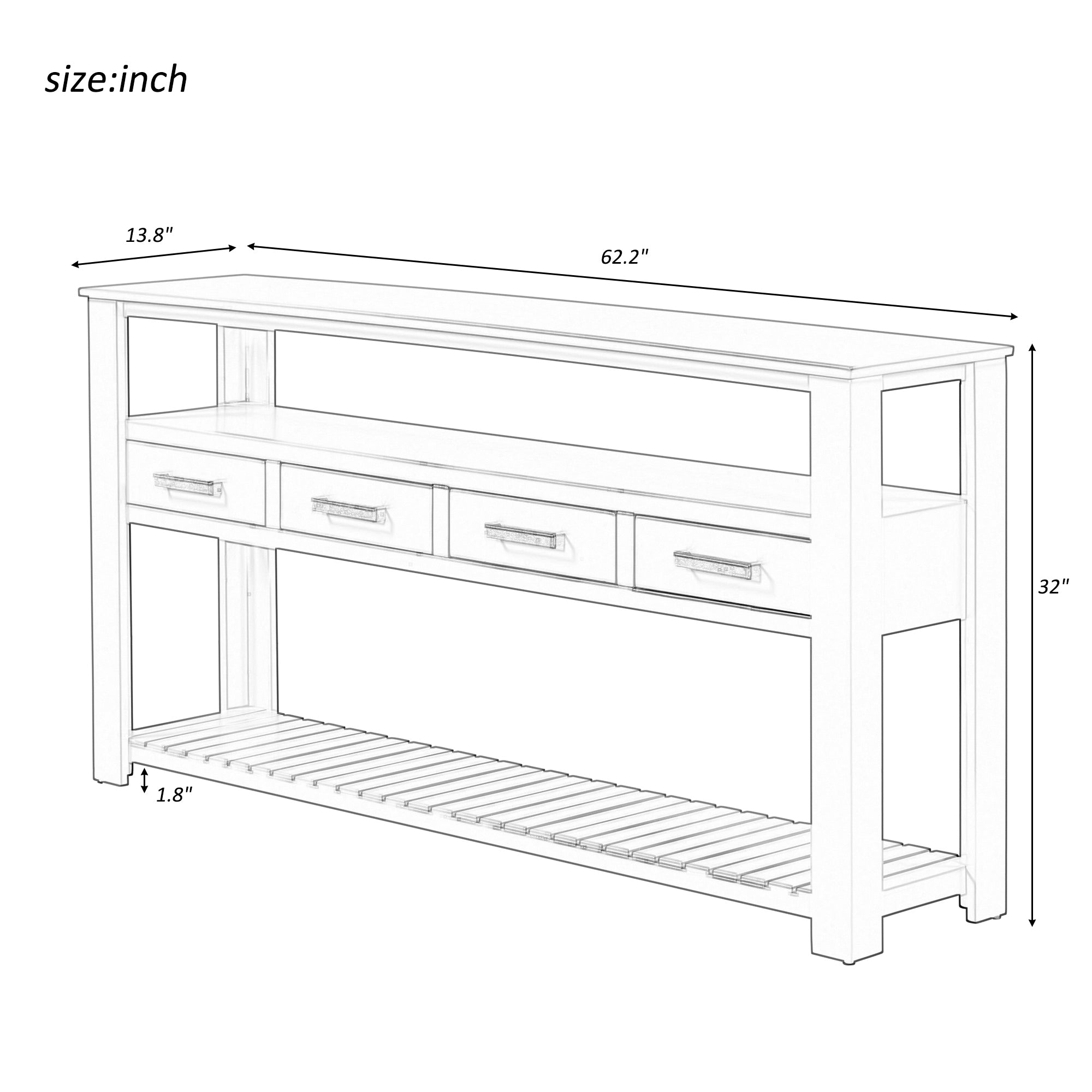 U_STYLE 62.2''Large Entryway Table with 4 Drawers,Painted Console Table with 3-Tier Open Shelves and Metal Handles,Versatile Hallway Sofa Table for Living Room, Bedroom, Foyer and Kitchen