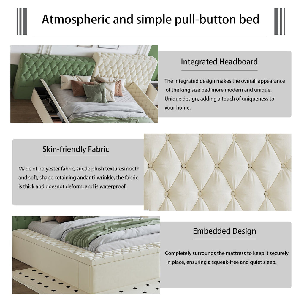 Contemporary Special-shaped Fully Upholstered Bed with Deep Button Tufting and Storage Compartments in Rails and Footboard,No Box Spring Needed,King,Beige