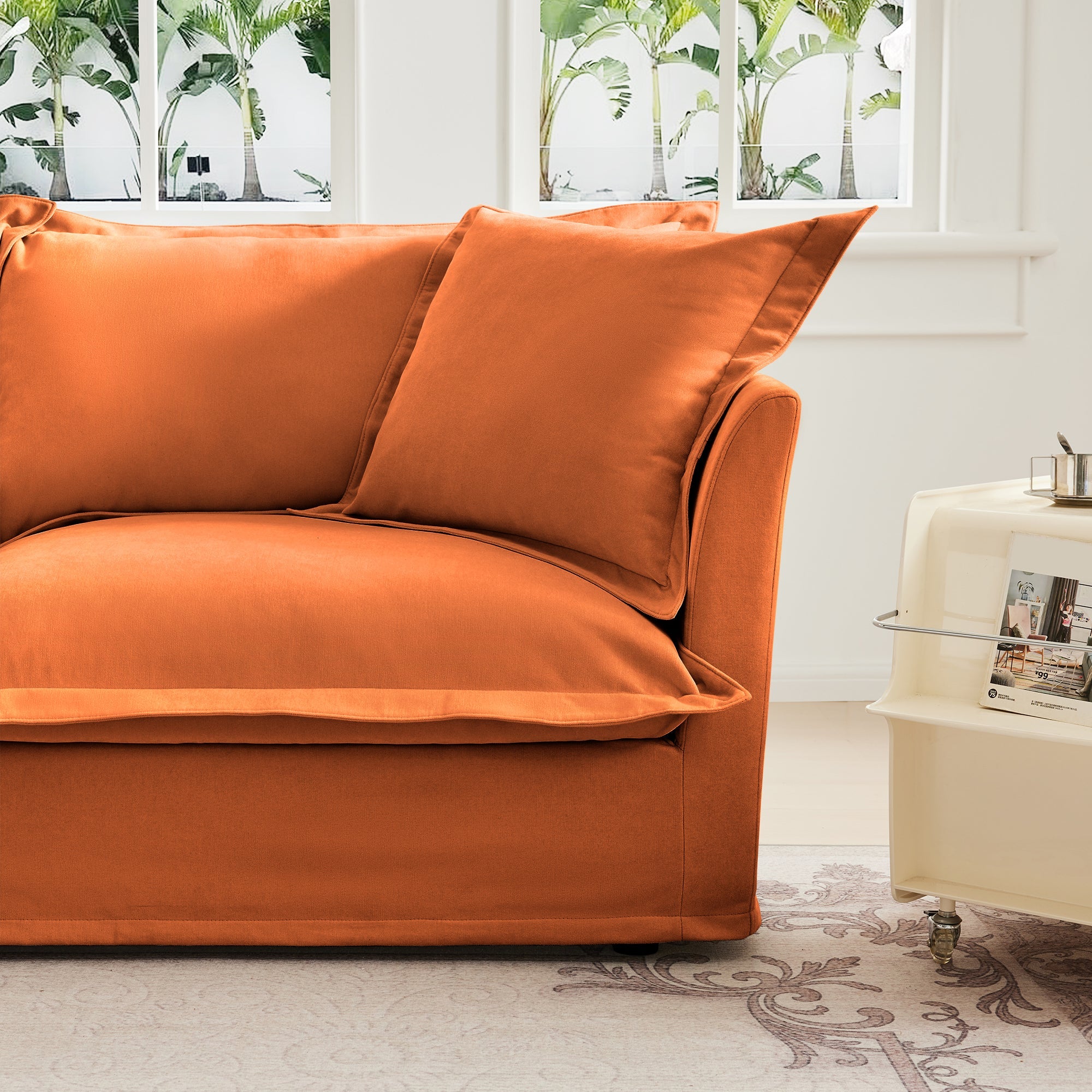 Slipcovered Sofa Couch, Modern 3 Seater Sofa with Suppleness Armrests, Chenille Fleece Deep Seat Sofa with Soft Multiple Big Pillows, Comfy Couch for Living Room, Apartment,Chenille Fabric, Orange
