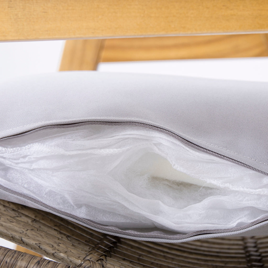 Outdoor Acacia Wood 3-Piece Lounge Set: 2 Cape Woven Wicker Lounge Chairs with Pillows + 18' Solid Side Table for Patio, Deck, Yard, Lawn, and Garden (Teak Finish + Natural Wicker + Light Grey Fabric
