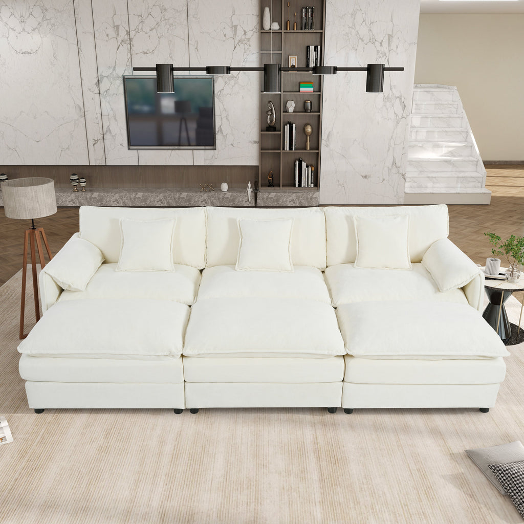 Oversized Deep Seat Sectional Cloud Sofa Sleeper with 3 Ottomans & Soft Pillows, Modular Couch Bed for Living Room, Apartment, DIY Combination Chenille,Beige