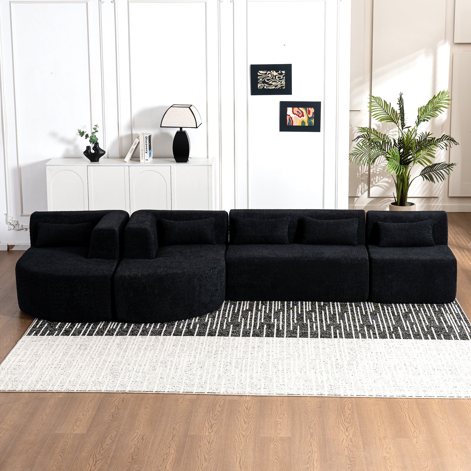 144' Upholstered Sofa Free-combined Sofa Couch with Two Chaise Lounge and Five Back Pillows for Living Room(Old SKU: N719S001600B), Black