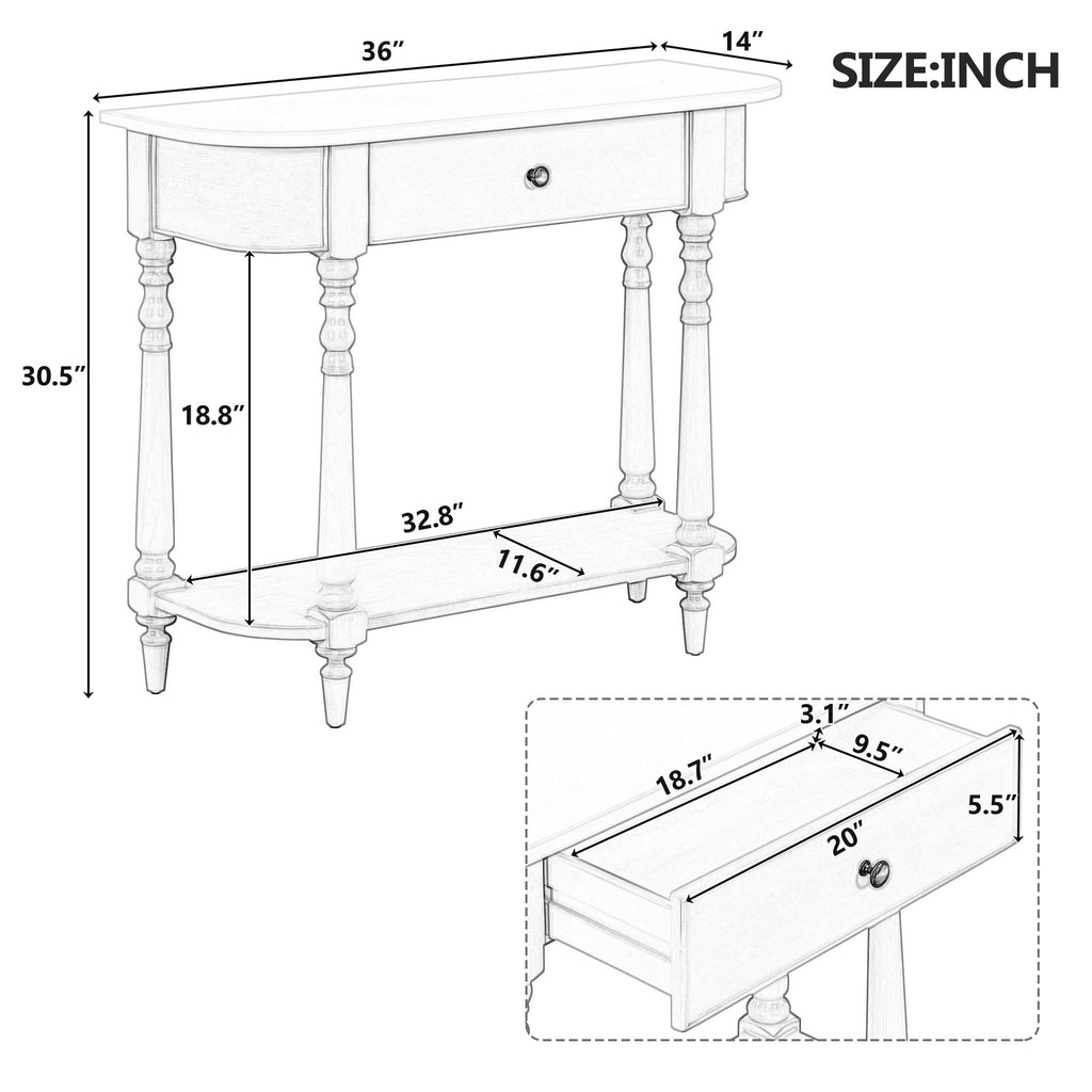 TREXM Narrow Console Table with Curved Corner, Retro Entryway Table with Top Drawer and Open Shelf, Sofa Table Console Tables for Entryway, Hallway and Living Room (White)