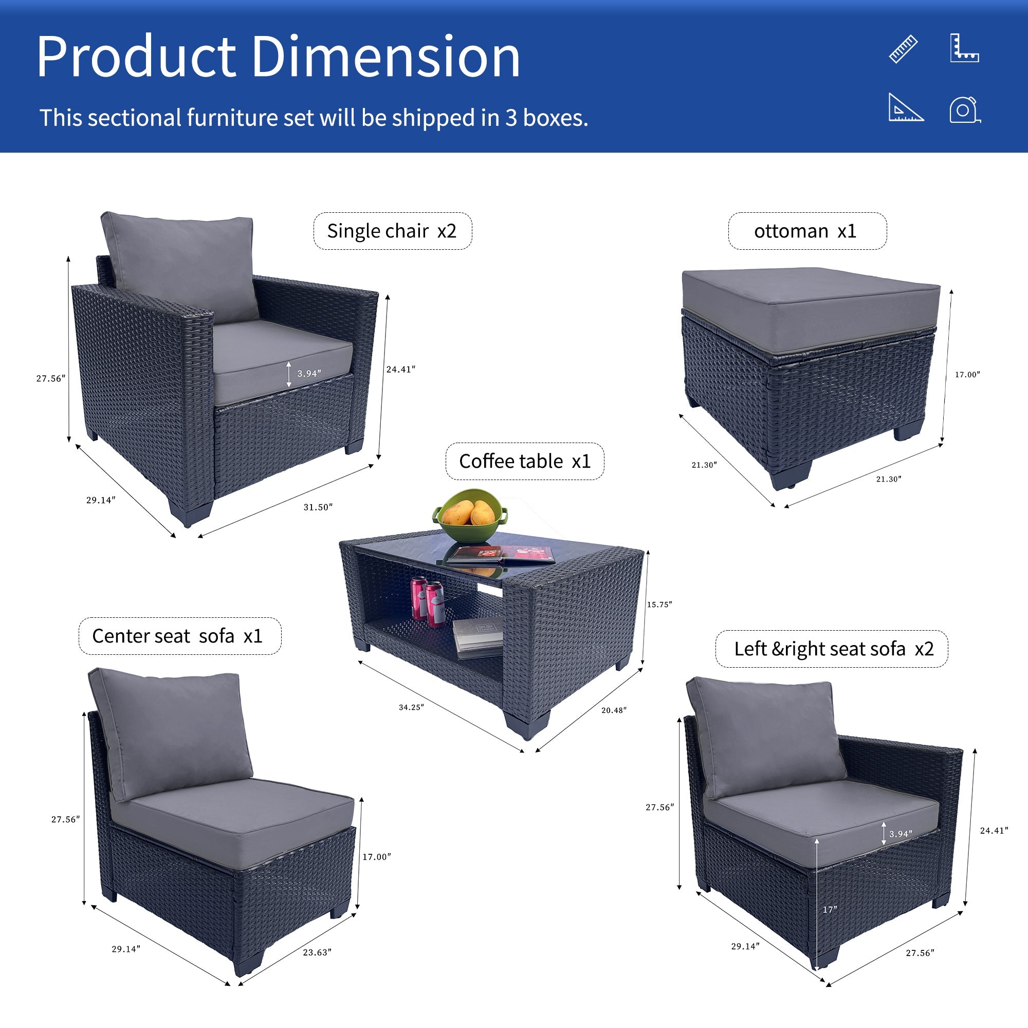 Outdoor Garden Patio Furniture 7-Piece PE Rattan Wicker Cushioned Sofa Sets  and Coffee Table, patio furniture set;outdoor couch;outdoor couch patio furniture;outdoor sofa;patio couch