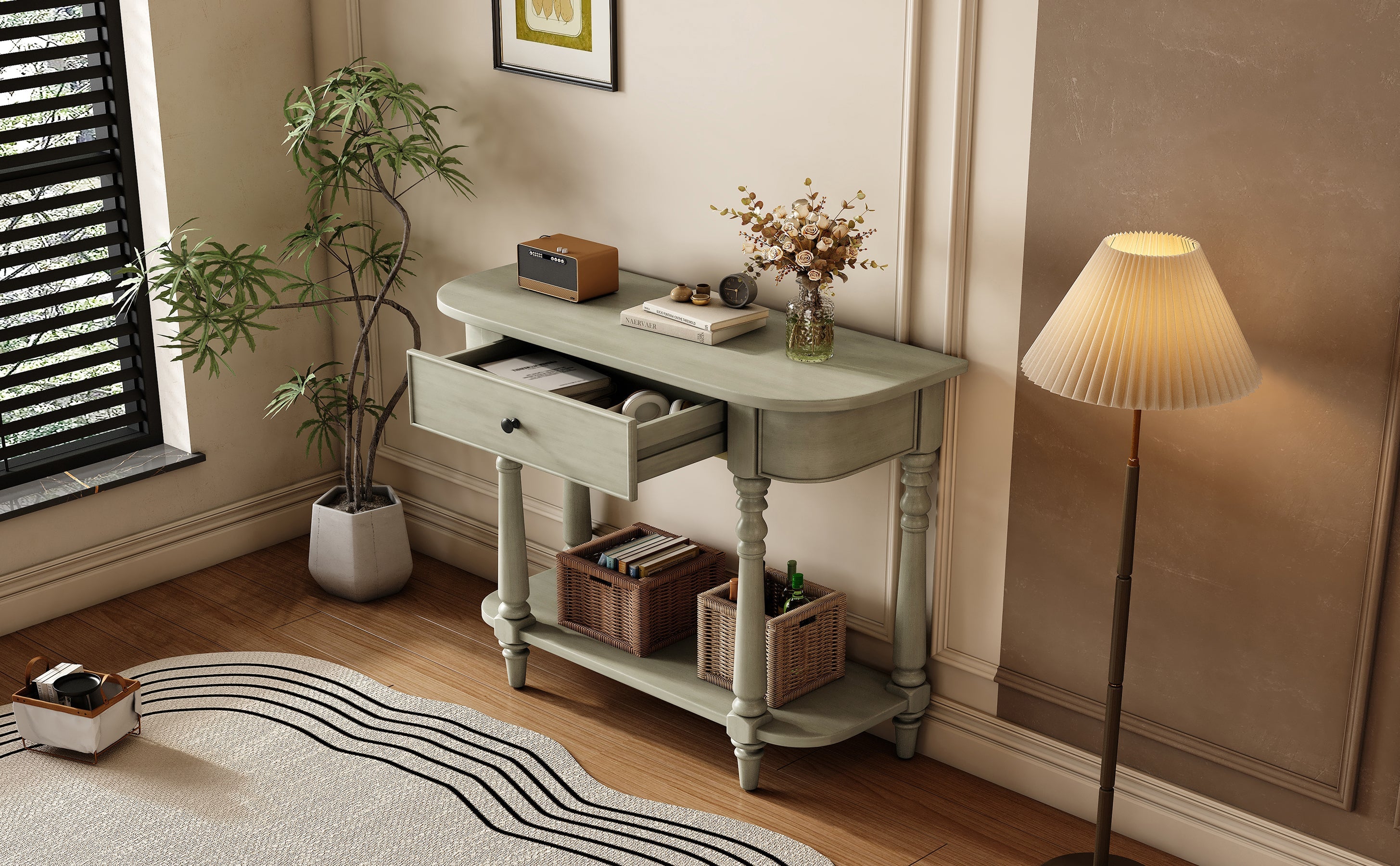 TREXM Narrow Console Table with Curved Corner, Retro Entryway Table with Top Drawer and Open Shelf, Sofa Table Console Tables for Entryway, Hallway and Living Room (Gray)