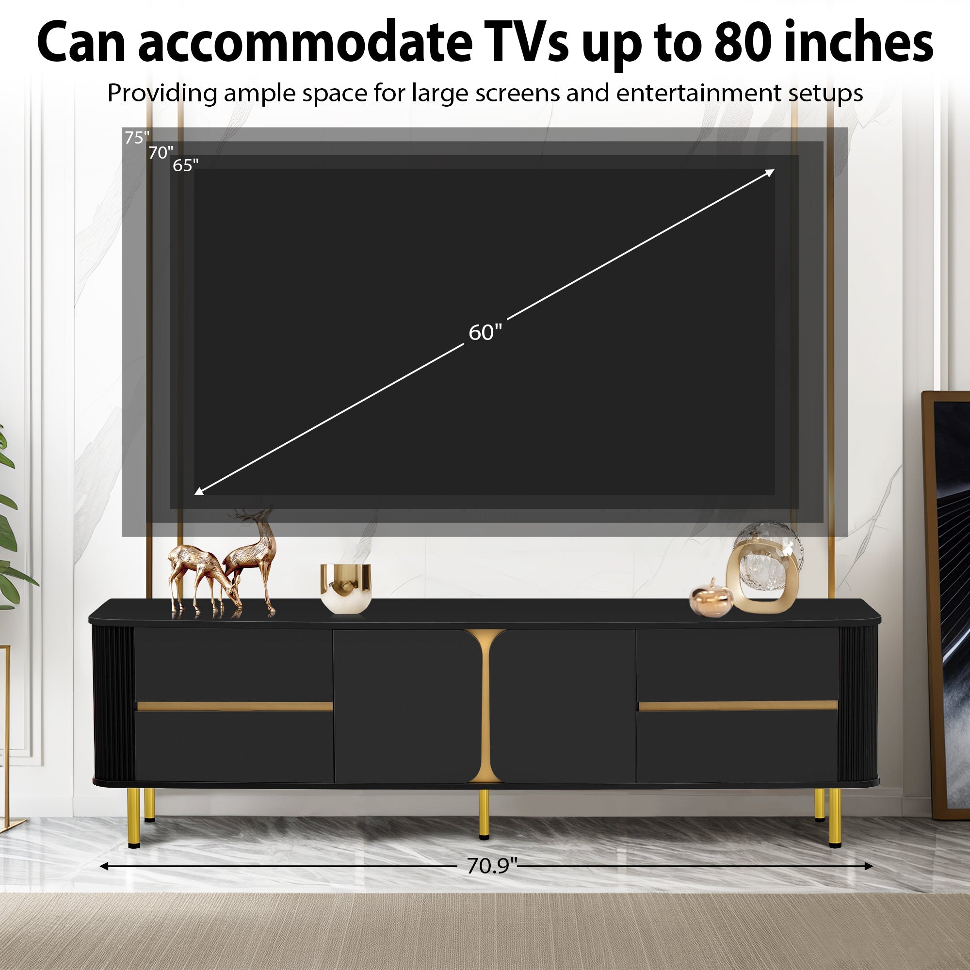 U-Can TV Stand for TVs up to 80 Inches, Modern Entertainment Center Media Console with 4 Drawers and 1 Spacious cabinet for Living room, Black