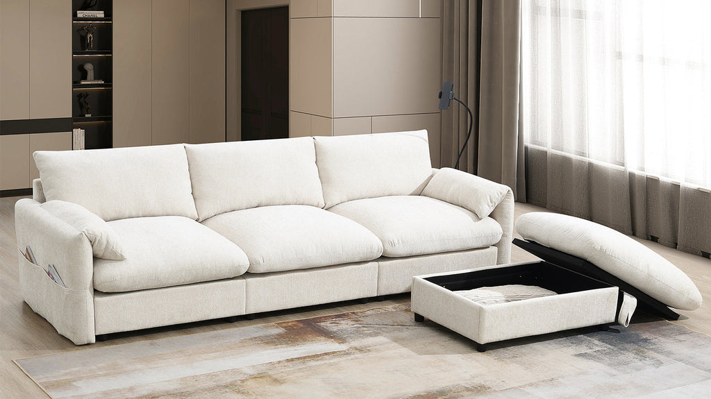 96.5'' Chenille Sectional Sofa with Storage Ottoman and Pockets,Adjustable Phone Holder,Wide Seat,4 Seat L Shaped Couch Set,Comfy Sofa with USB Charger for Living Room,Apartment,3 Colors