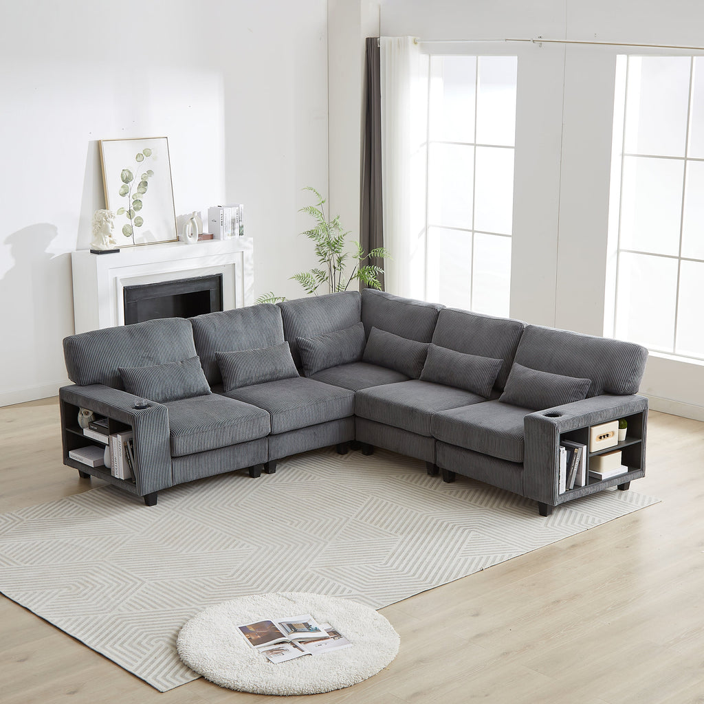 102.75*102.75' L-Shaped Modular Sectional Sofa, Modern Corduroy Sectional Sofa, Arm with Storage With Cup Holder 5-Seat Convertible Sectional Sofa for Living Room, Bedroom, Lounge and Projection Room