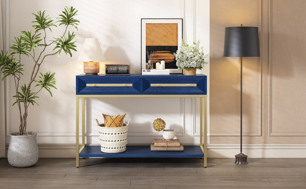 TREXM Entryway Table, Console Table with Two Drawers, Retro Hallway Table with Striking Geometric Design for Entryway and Living Room (Navy)