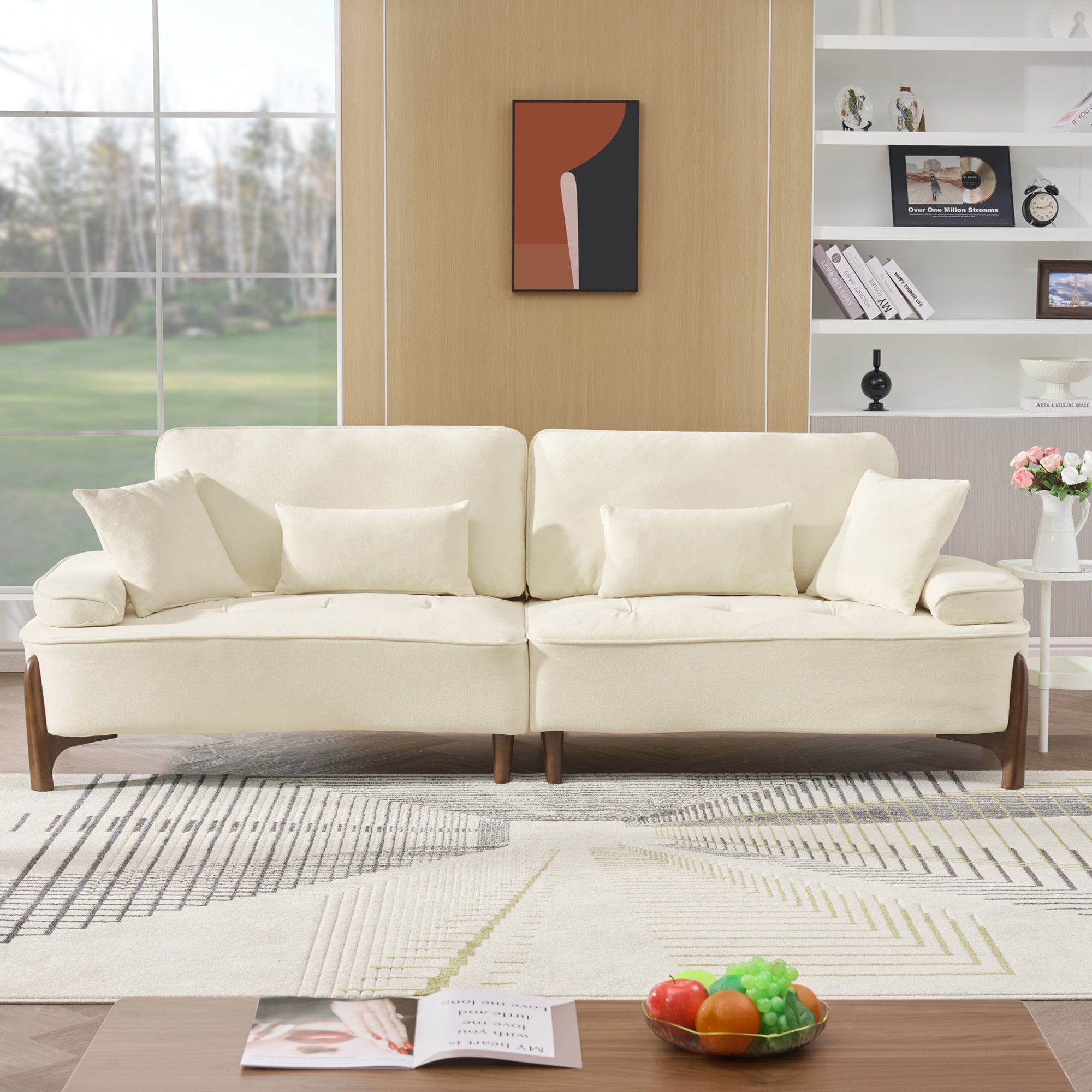 103 Inch Comfortable Deep Seated Sofa with Pillows in Beige Cloud Velvet Polyester for Bedroom, Living Room, Office