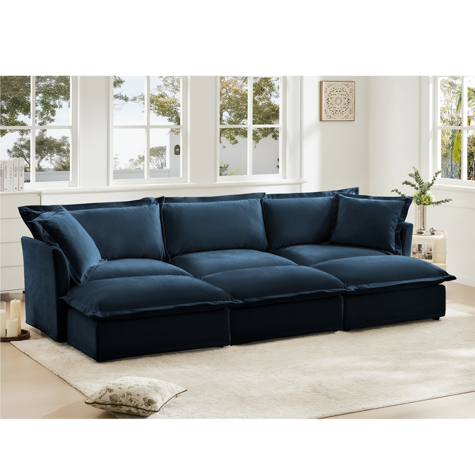 Slipcovered Sofa Couch, Modern 3 Seater Sofa with Suppleness Armrests,Deep Seat Sofa with Soft Multiple Big Pillows, Comfy Couch for Living Room, Apartment,Chenille, Blue