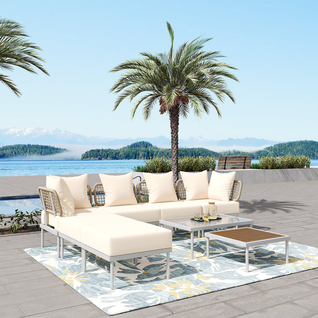 TREXM 8-Piece Patio Sectional Sofa Set with Tempered Glass Coffee Table and Wooden Coffee Table for Outdoor Oasis, Garden, Patio and Poolside (Beige Cushion + White Steel)