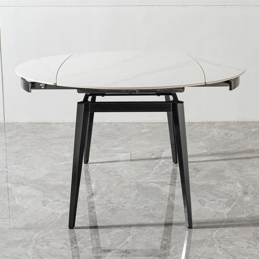 Modern Extendable Round Dining Table with Sintered Stone Top, White & Black, 33.5'' to 51.2''