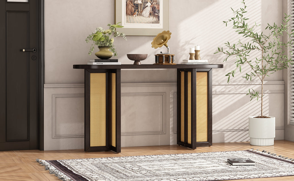 TREXM Farmhouse Rattan Console Table Entryway Table, Narrow Console Table with Storage, Hallway Table for Living Room, Entrance (Espresso)
