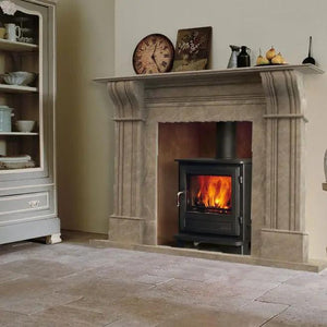 Emperador light brown marble hand-carved fireplace surround with crema Marfil marble finish