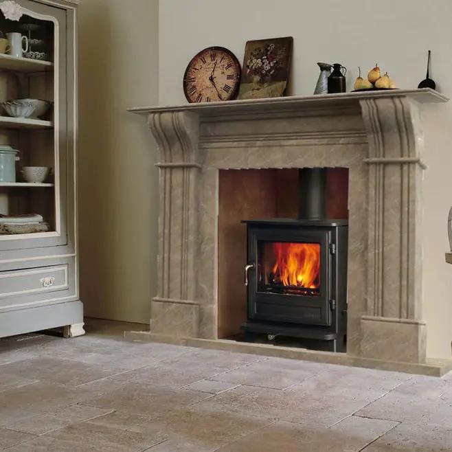 Emperador light brown marble hand-carved fireplace surround with crema Marfil marble finish