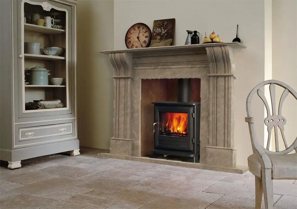 Emperador light brown marble hand-carved fireplace surround with mantel and wood stove insert