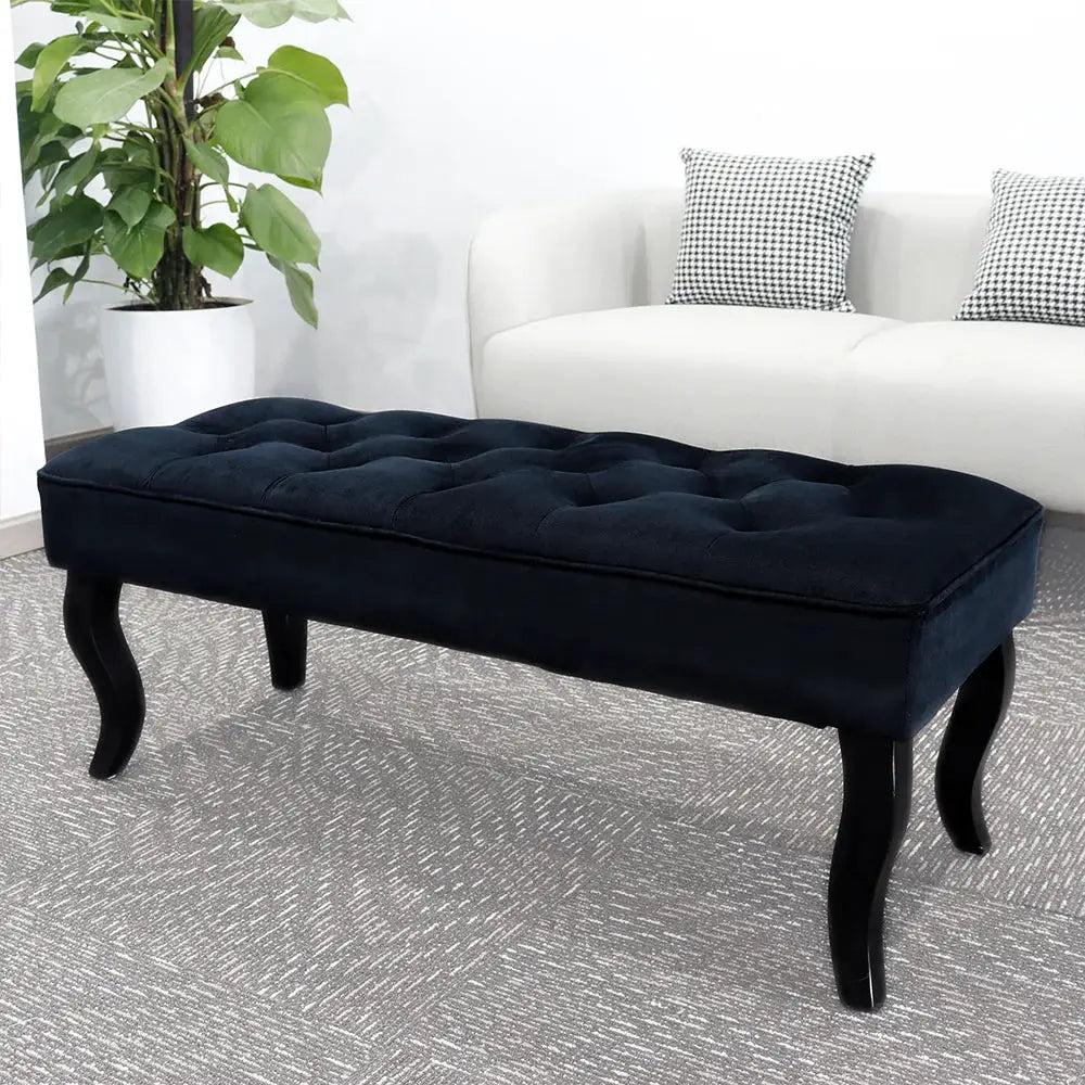 Ottoman bench, 16.5-inch tall, navy tufted velvet with curved legs by JHY DESIGN