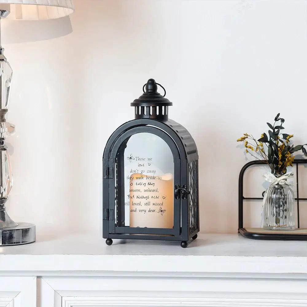 11-inch black memorial lantern by JHY DESIGN with glass door and automatic timer