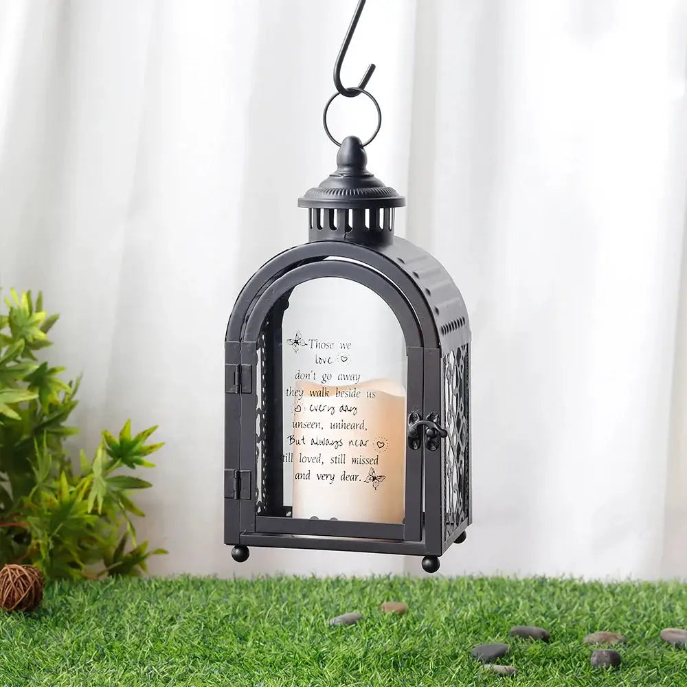 11'' black memorial lantern with automatic timer, hanging metal frame and glass panels