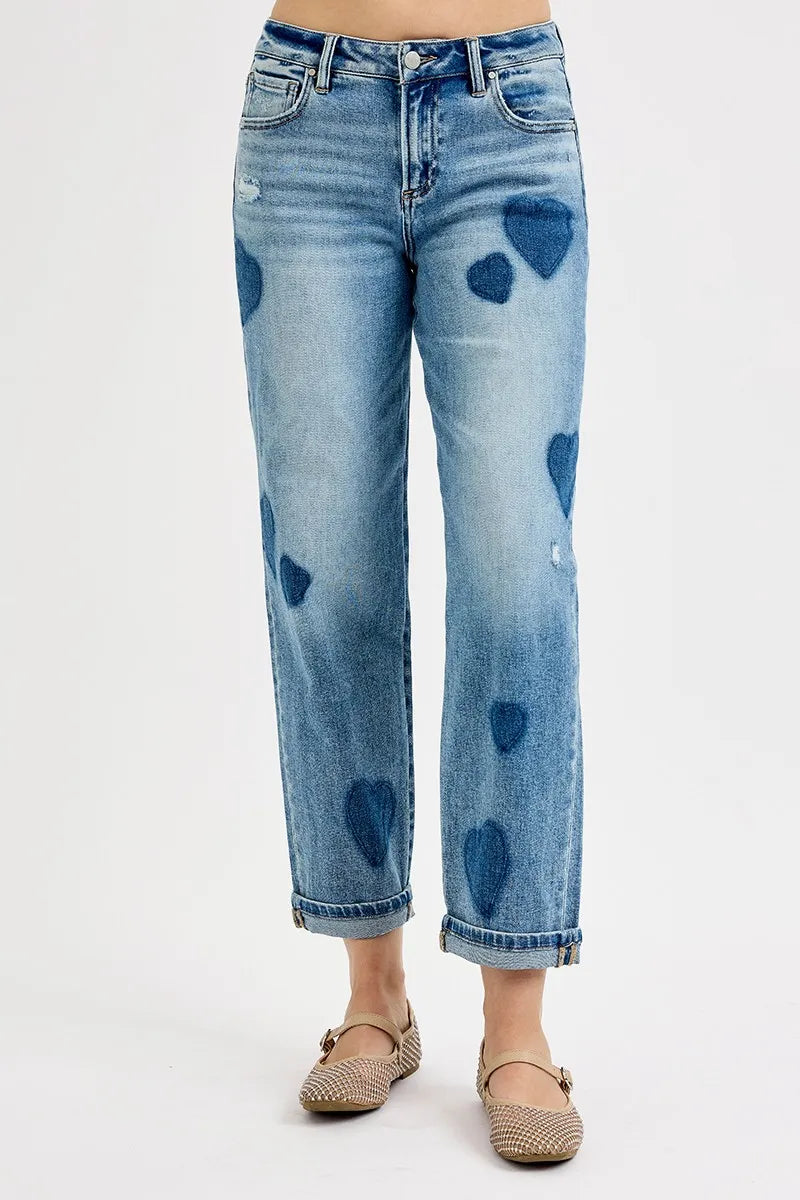RISEN Full Size Mid Rise Fit-boyfriend Heart Shade Jeans Plus Size
