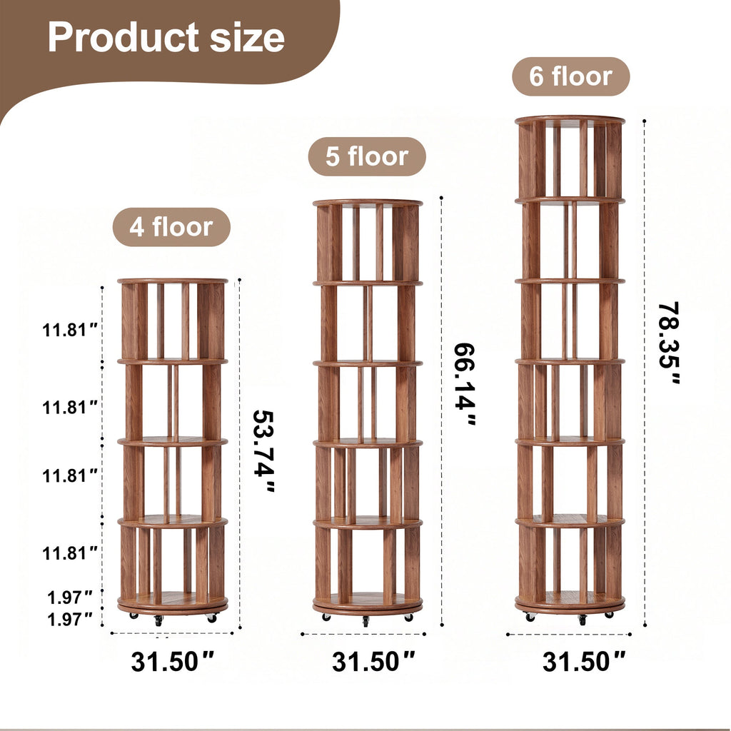 100%Solid Wood Rotating Bookshelf on Wheels, 6 Tier, Round Revolving Bookcase, 360° Spinning Book Shelf Tower for Kids, Narrow Rolling Bookshelves for Small Space, Corner, Bedroom, Office, Walnut
