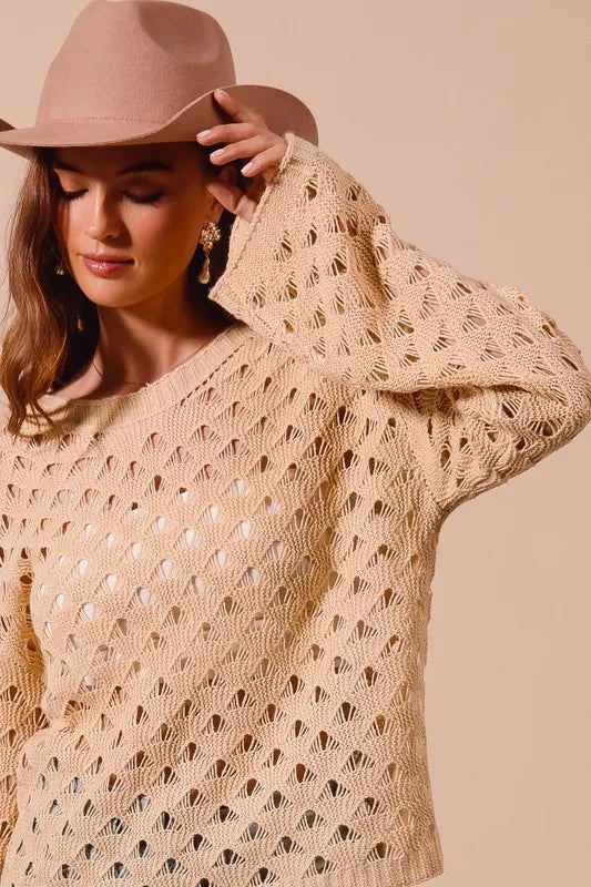SO ME Geometric Pattern Open Knit Lightweight Sweater